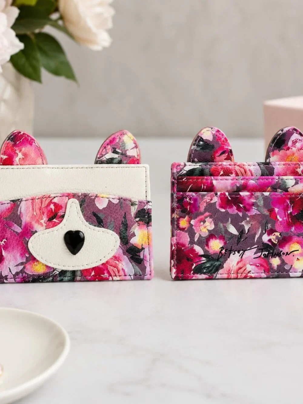 Betsey Johnson Floral Puppy Dog Card Holder Key Ring NWT